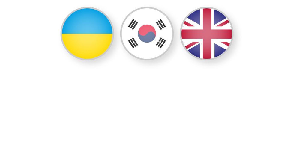 Flags Ukraine, South Korea, UK