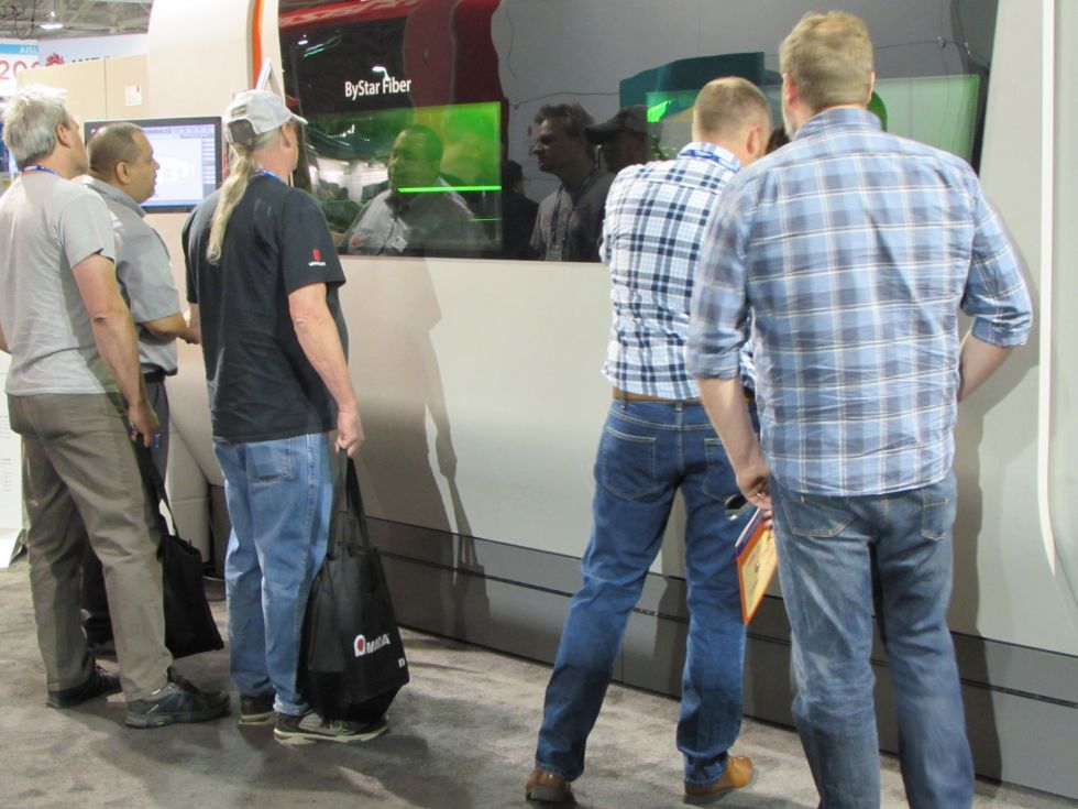 Enthusiastic visitors at the Bystronic Canada FABTECH Canada booth were impressed by the high productivity and edge cutting quality of the ByStar Fiber 3015 with 10 kW Fiber power.