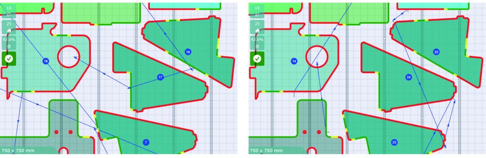 Left: Simulation of the optimized cutting sequences using “TiltPrevention”. Right: Laser cutting without “TiltPrevention” with piercings in critical areas (red) and risky paths of the laser.