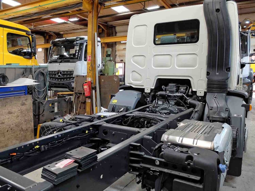 The early stages of gritter assembly. Each vehicle is given a unique serial number to assist traceability.