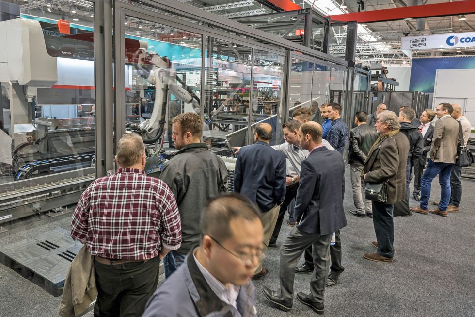 Visitors to the Bystronic stand at EuroBLECH 2018, where the company presented its vision for the smart sheet metalworking factory of the future.