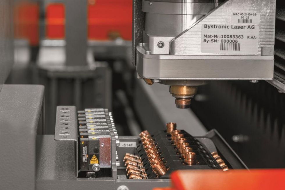 Figure 2
An automatic nozzle changer is one example of how fiber laser cutting machines have evolved to minimize setup downtime. Photo courtesy of Bystronic Inc.
