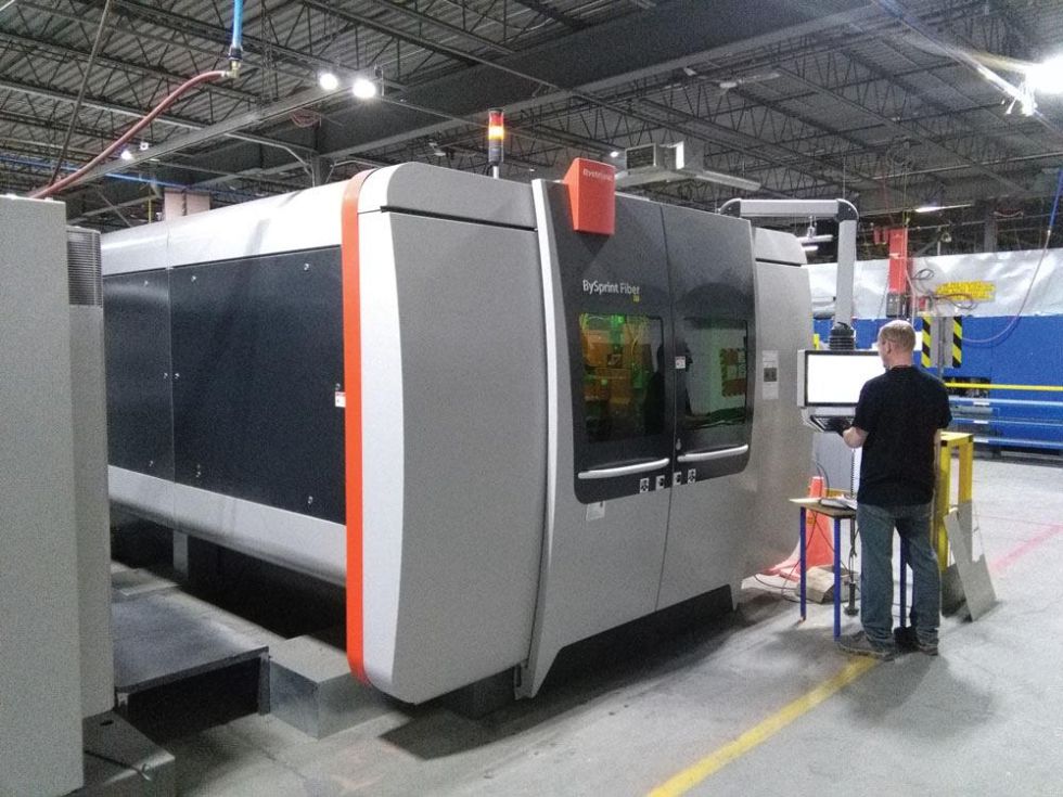 The shop’s Bystronic 3-kW fibre laser is used to cut parts up to ¼ in. thick but is most commonly used for 18-gauge material, the company’s bread-and-butter steel. Image courtesy of De La Fontaine.
