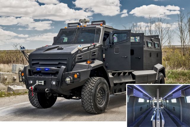 The INKAS Huron Armoured Personnel Carrier, a 16-person vehicle clad in ballistic steel.