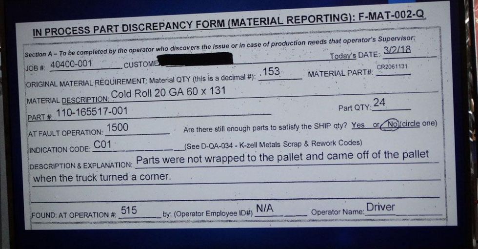 This sample In Process Parts Discrepancy (IPPD) Form details production mistakes.