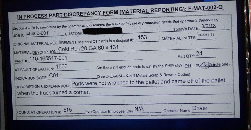 This sample In Process Parts Discrepancy (IPPD) Form details production mistakes.