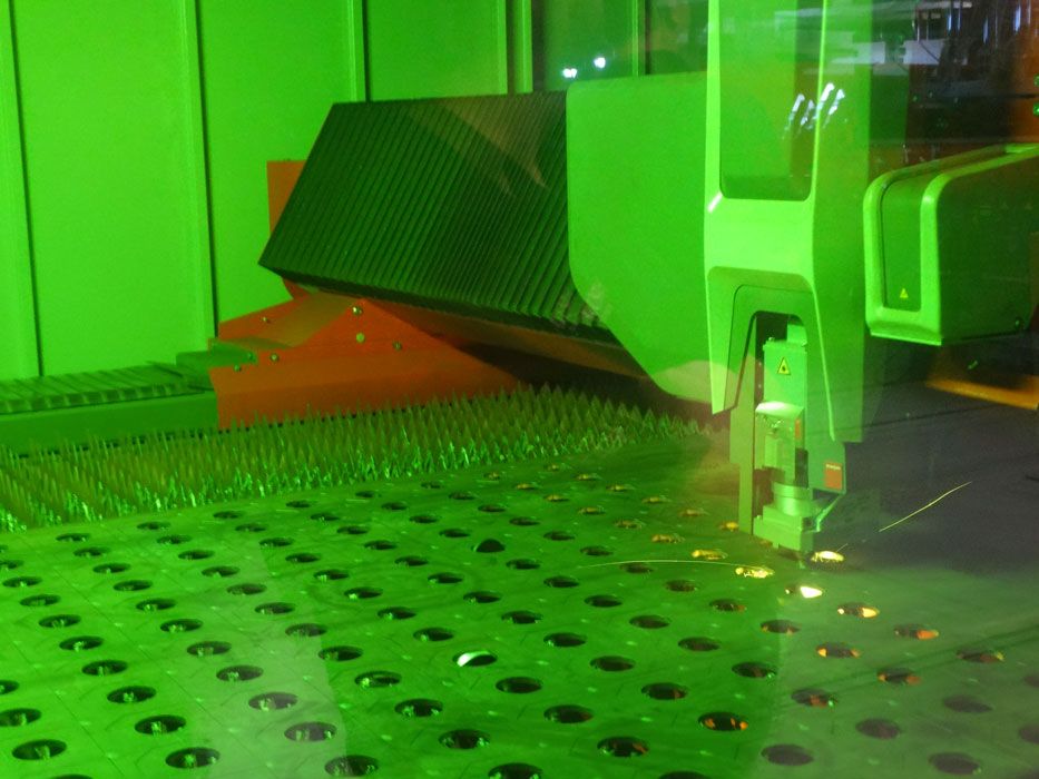 A 10-kW fiber laser from Bystronic cuts through ¼-in. hot-rolled steel.