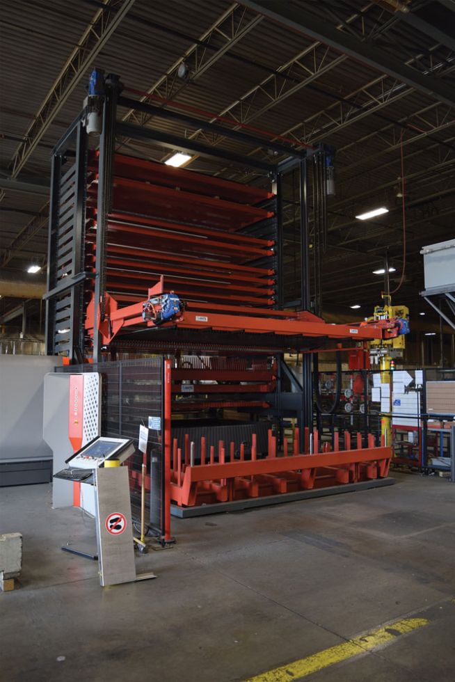 Peelle’s 6-kW Bystronic fiber laser is equipped with a 15-shelf tower, 12 for loading and three for unloading. The tower on the laser operates in such a way that after a sheet is cut, it can be placed in any of the three “unload” shelves. Some companies sort these shelves by material or by thickness. Peelle sorts them by project so that each “unload” shelf handles one project. Generally speaking, a project is cut on day one of production; formed on day two; assembled on day three; and painted, loaded, and c