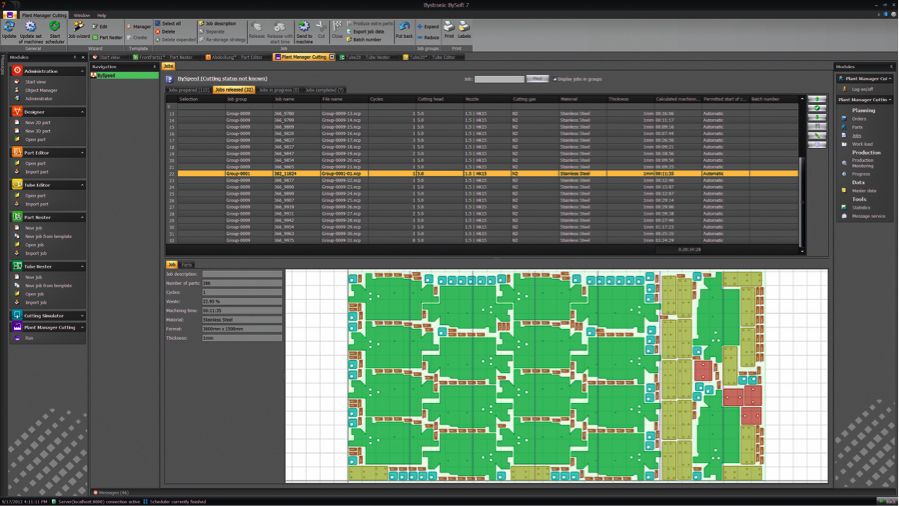 When real-time data communications are employed, an automated job management system can organize and schedule orders based on due dates and can combine them with other orders of the same materials to maximize material utilization.