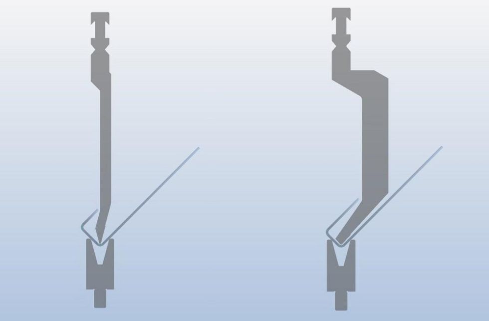 Figure 6
Certain J shapes have specific punch selection rules. When the small up-leg is equal to the bottom leg, you need an acute offset punch (shown on the left). If the up-leg is longer than the bottom leg, you need a gooseneck punch (shown on the right).