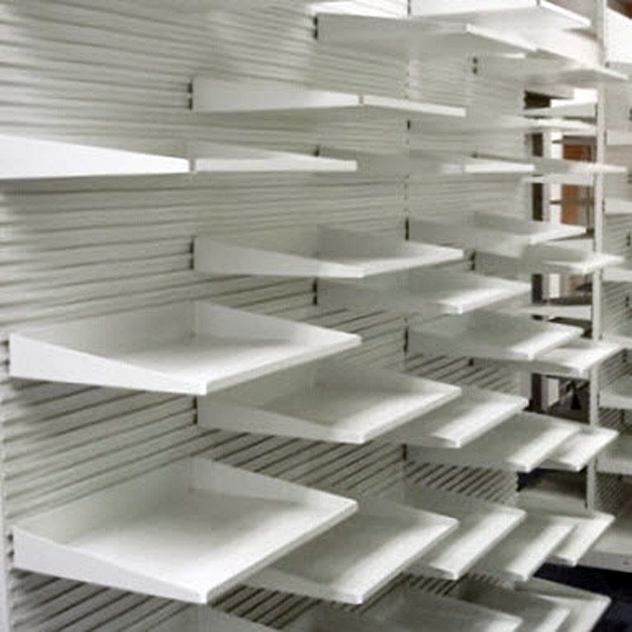 The Uniweb slat wall, constructed of 24-gauge cold-rolled steel, features long, horizontal channels or lips that accommodate the various accessories that will be affixed to a wall, such as shelving, gondolas, displays and hooks.