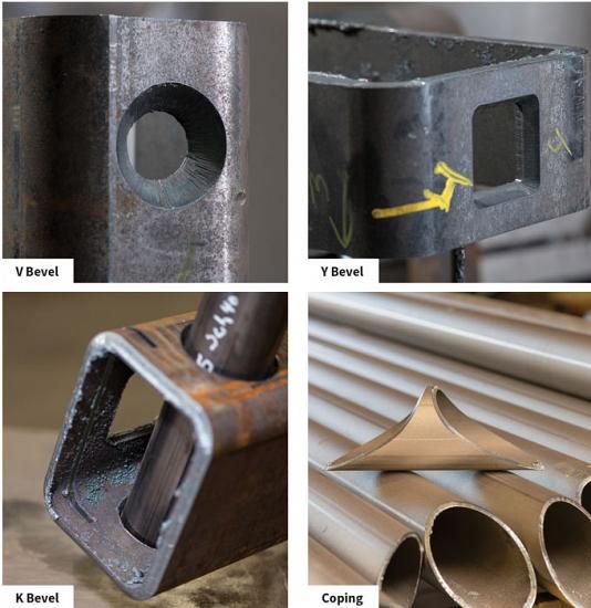 Figure 2, An external sharp, or V bevel, creates space for the weld fill around a tube on the outside of the part. A Y bevel, or chamfer, bevels part of the wall and leaves part of the inner wall vertical. On a K bevel, the angle is cut into the wall’s top and bottom, and part of the wall is cut vertical. The tube laser can perform coping to obtain a better fit-up on a complex assembly.