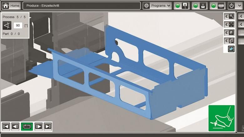 Figure 4. Even a novice press brake operator can produce an acceptable part on the first bend thanks to monitors that display part position and bend sequences.
